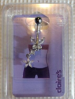 Claire's Silver Clear Crystal Butterfly & Flower Navel Ring